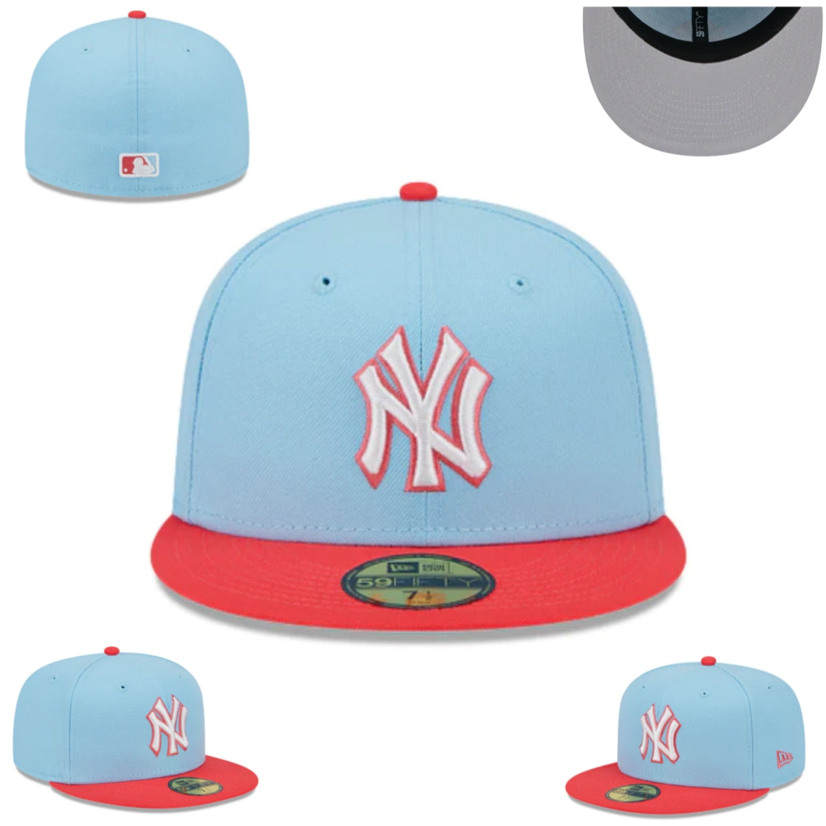 New York Yankees Fitted Hat – Sky Blue with Red Brim and White Logo